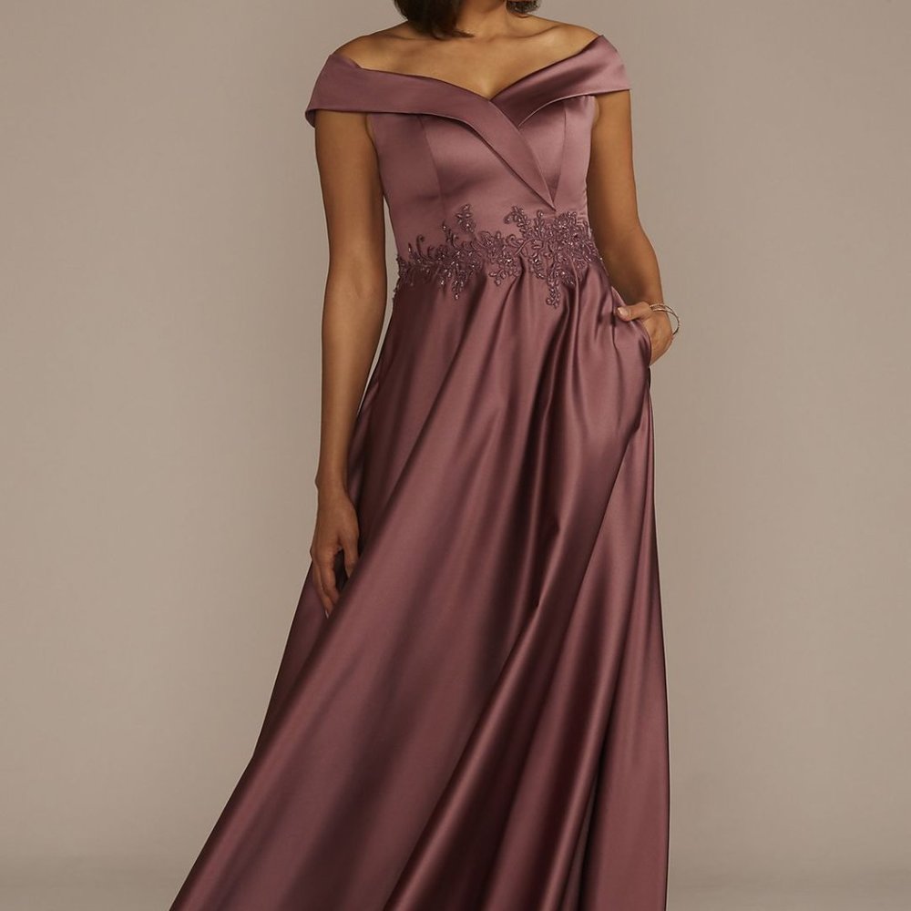 OLEG CASSINI Embroidered Off-the-Shoulder Satin A-Line Mother of the Bride Dress